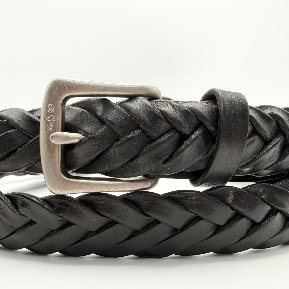 Vintage Ralph Lauren Mens Black Braided Leather Belt Stamped Buckle 1998 Size 42